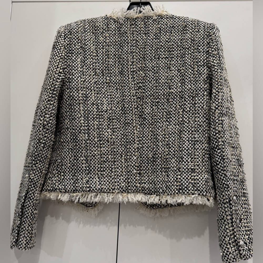 NWT L’AGENCE Angelina Fringe Trim Metallic Jacket, Sz 6, Black/Wht/Gold Shimmer - Picture 3 of 11